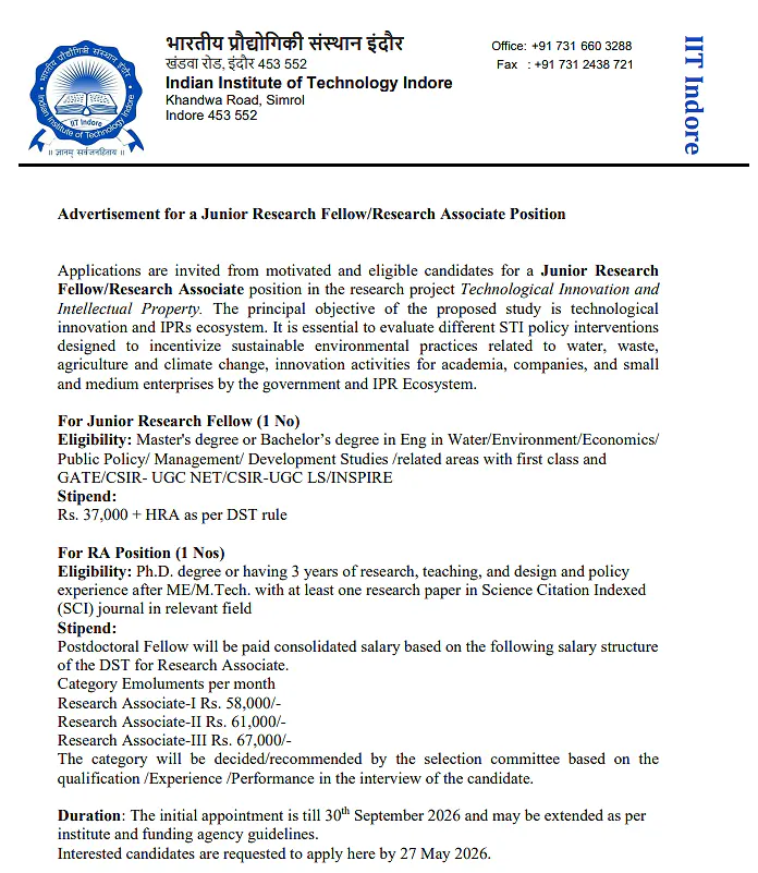 IIT Indore Recruitment 2026: Openings for Junior Research Fellow (JRF) and Research Associate (RA)