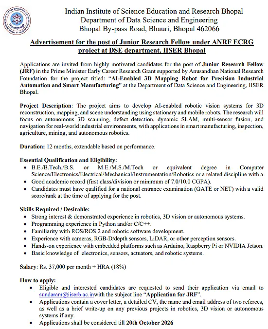 Junior Research Fellow (JRF) Recruitment 2026 – IISER Bhopal