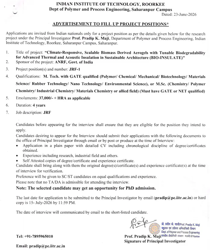 IIT Roorkee Recruitment 2026 | Junior Research Fellow (JRF) under ANRF-Funded Project
