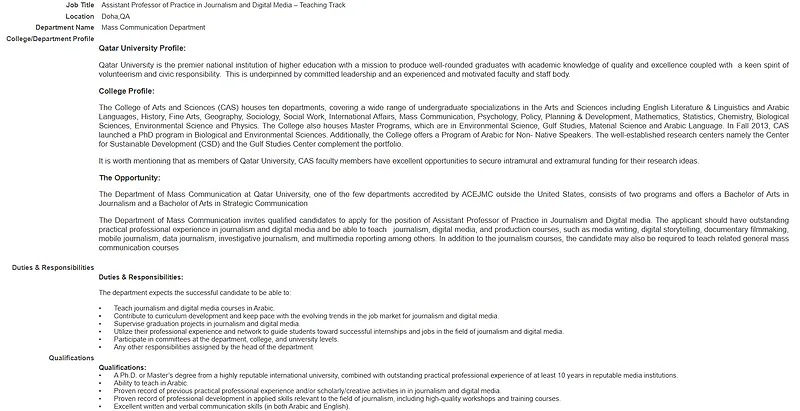 Qatar University Recruitment: Assistant Professor of Practice in Journalism and Digital Media