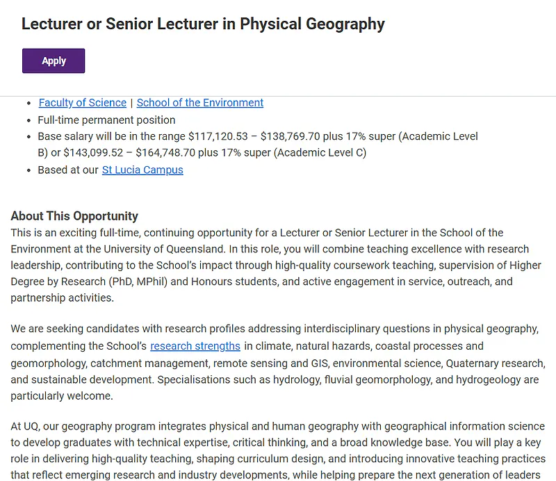 University of Queensland Recruitment 2026: Lecturer/Senior Lecturer in Physical Geography