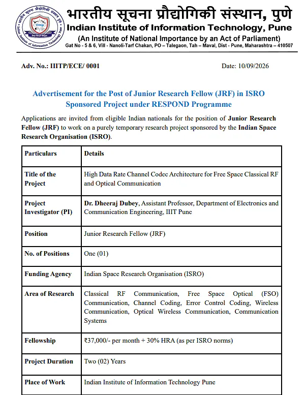 Junior Research Fellow (JRF) Recruitment 2026 at IIIT Pune – ISRO Sponsored Project