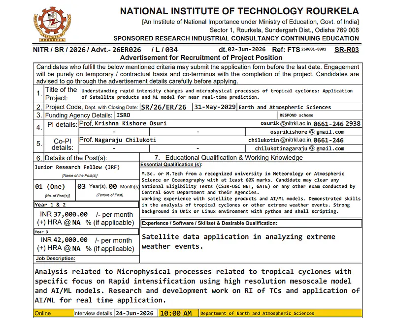 NIT Rourkela JRF Recruitment 2026 – Apply for ISRO-Funded Tropical Cyclone Research Project