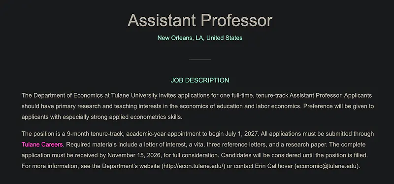 Faculty Opportunity: Assistant Professor of Economics – Tulane University
