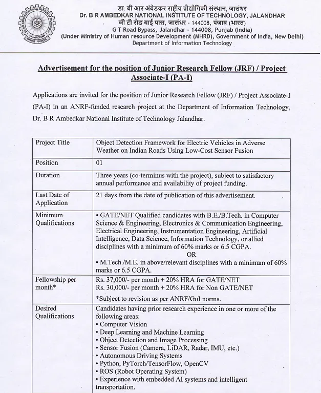 Junior Research Fellow / Project Associate-I Recruitment 2026 at NIT Jalandhar – ANRF Research Project