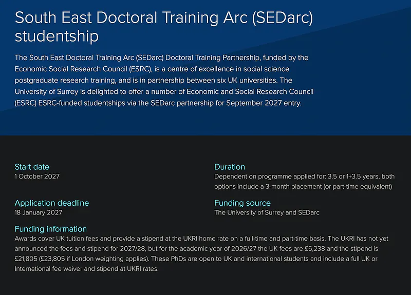 PhD Funding Opportunity: SEDarc ESRC-Funded Studentships – University of Surrey