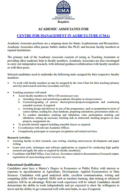 IIM Ahmedabad Academic Associate Recruitment: Centre for Management in Agriculture