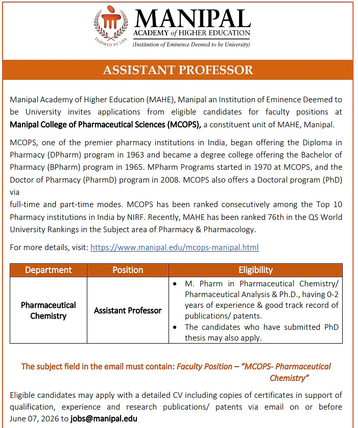 Assistant Professor Recruitment 2026 – Manipal College of Pharmaceutical Sciences (MCOPS), MAHE