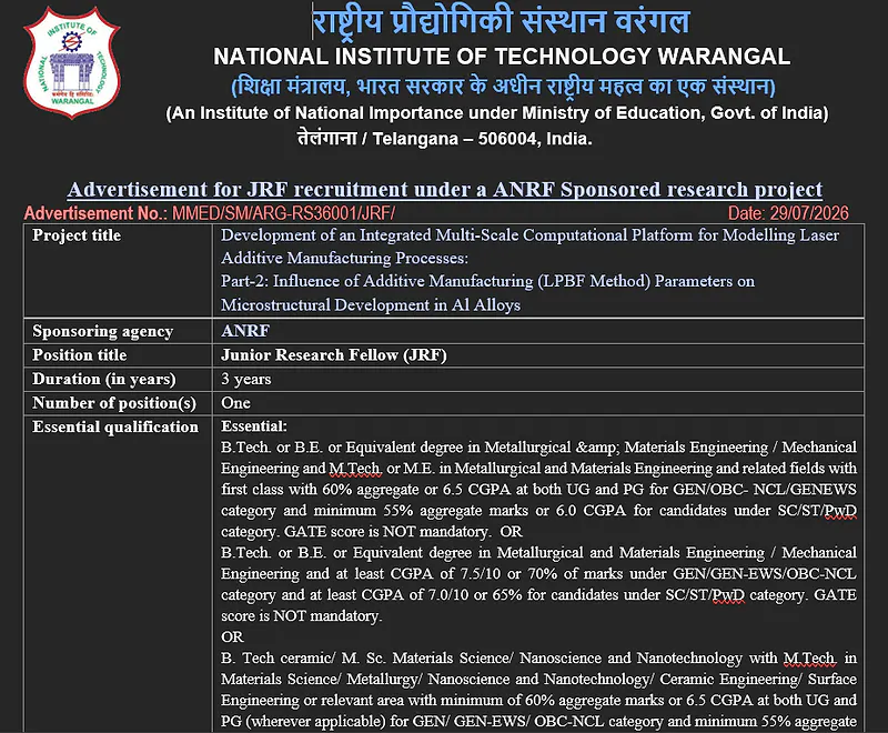 NIT Warangal Junior Research Fellow Recruitment 2026