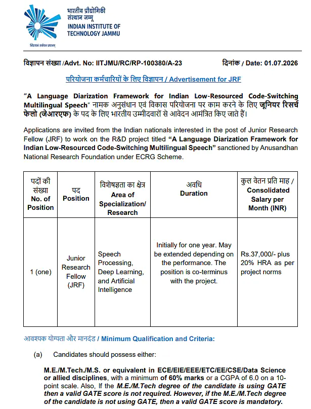 IIT Jammu JRF Recruitment 2026: ANRF Project in Speech Processing, AI & Deep Learning | Apply Now