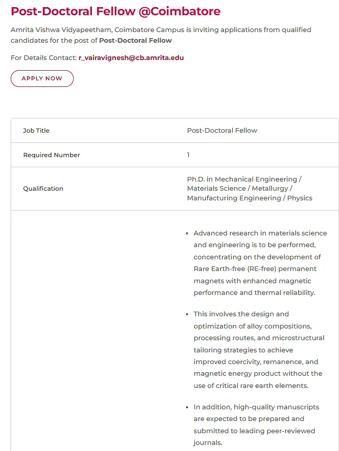 Post-Doctoral Fellow Recruitment 2026 – Amrita Vishwa Vidyapeetham, Coimbatore