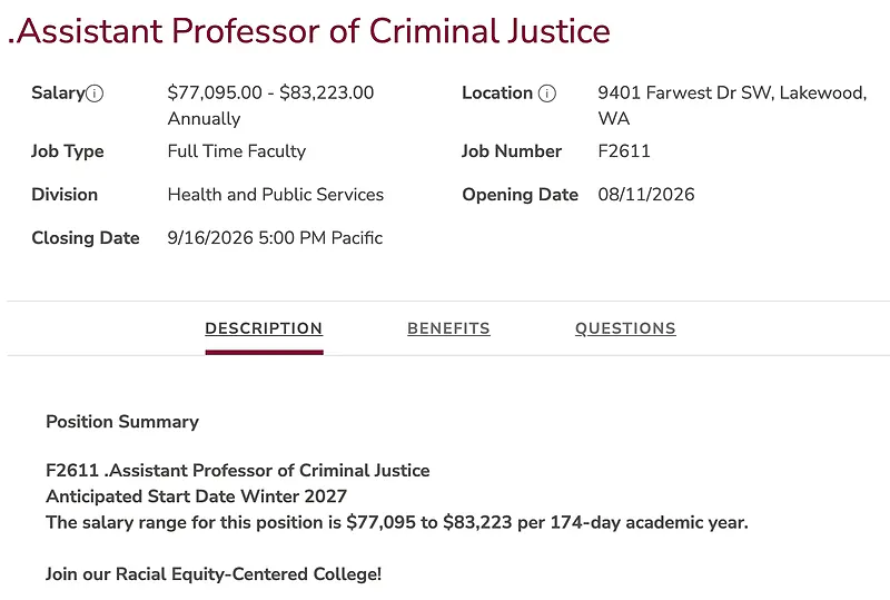  Assistant Professor of Criminal Justice – Pierce College District