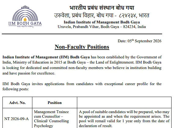 Management Trainee cum Counsellor Recruitment 2026 at IIM Bodh Gaya – Non-Faculty Position