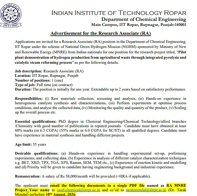 IIT Ropar Research Associate Recruitment 2026
