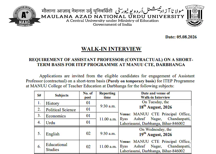 MANUU Assistant Professor Recruitment 2026: Walk-In Interview for 8 Posts