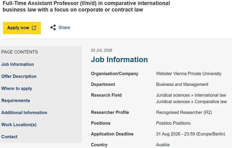 Webster Vienna Private University Assistant Professor Recruitment 2026
