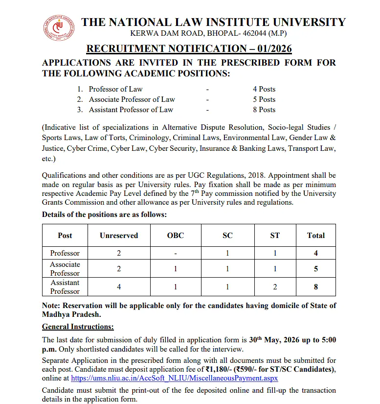  (NLIU) Recruitment 2026 -  Faculty Positions – Professor, Associate Professor & Assistant Professor