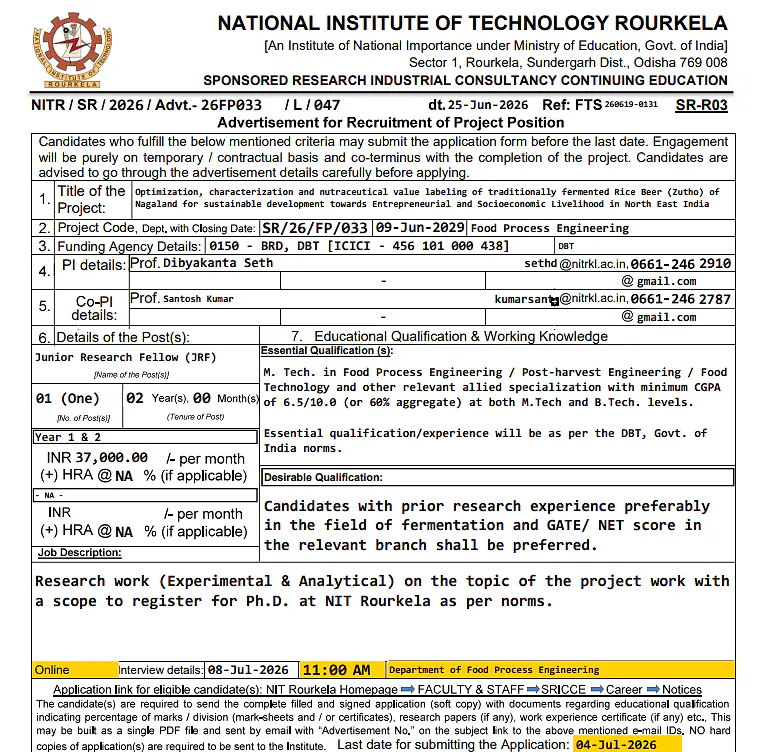 NIT Rourkela Recruitment 2026 | Junior Research Fellow (JRF) under DBT-BRD Funded Project