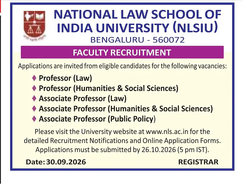 Faculty Recruitment 2026 at National Law School of India University (NLSIU), Bengaluru