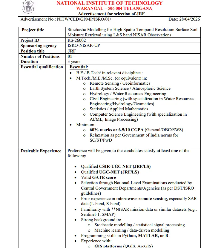 JRF Recruitment 2026 – National Institute of Technology Warangal
