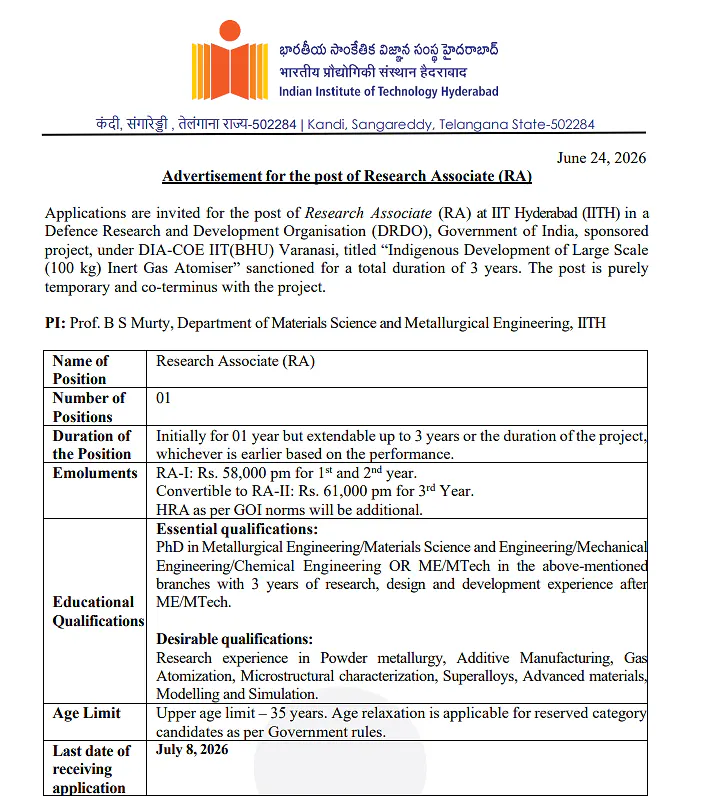 IIT Hyderabad Recruitment 2026: Research Associate (RA) Vacancy under DRDO-Sponsored Project