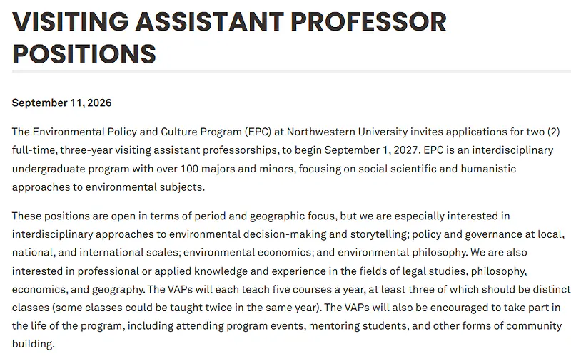 Visiting Assistant Professors – Environmental Policy and Culture – Northwestern University