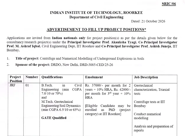 IIT Roorkee JRF Recruitment 2026 – Civil Engineering | DRDO Research Project