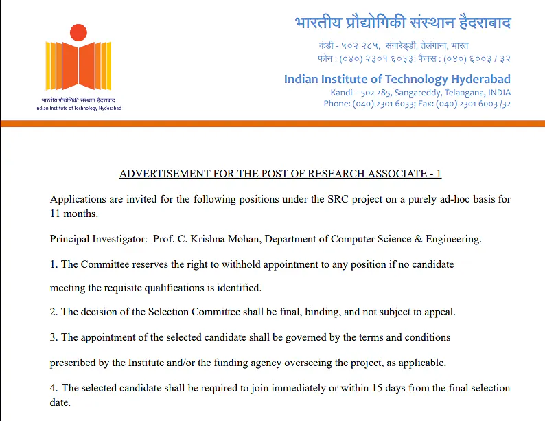 Research Recruitment 2026: IIT Hyderabad