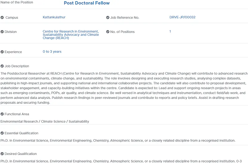 Post-Doctoral Fellow Recruitment 2026 at SRMIST – Environmental Research, Climate Science & Sustainability