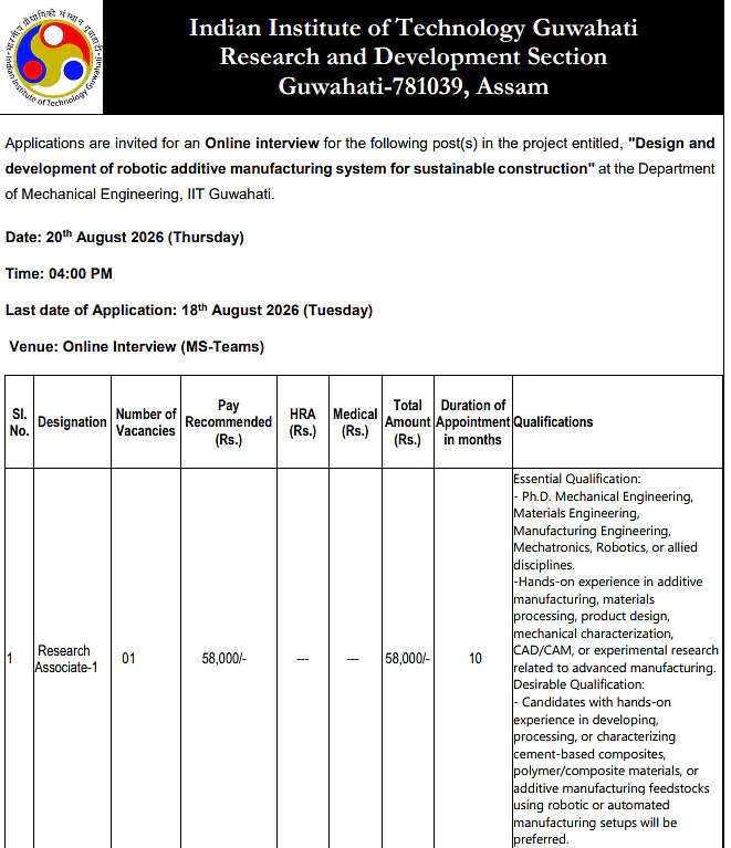 IIT Guwahati Research Associate-I Recruitment 2026: Apply by 18 August