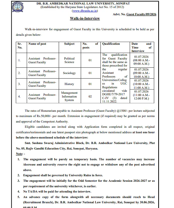 Dr. B.R. Ambedkar National Law University Invites Applications for Guest Faculty Positions 2026