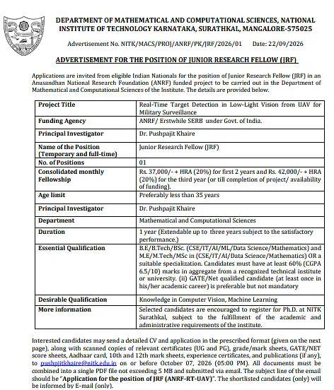 Junior Research Fellow (JRF) Recruitment 2026 at NIT Karnataka Surathkal – ANRF Funded UAV Computer Vision Research Project
