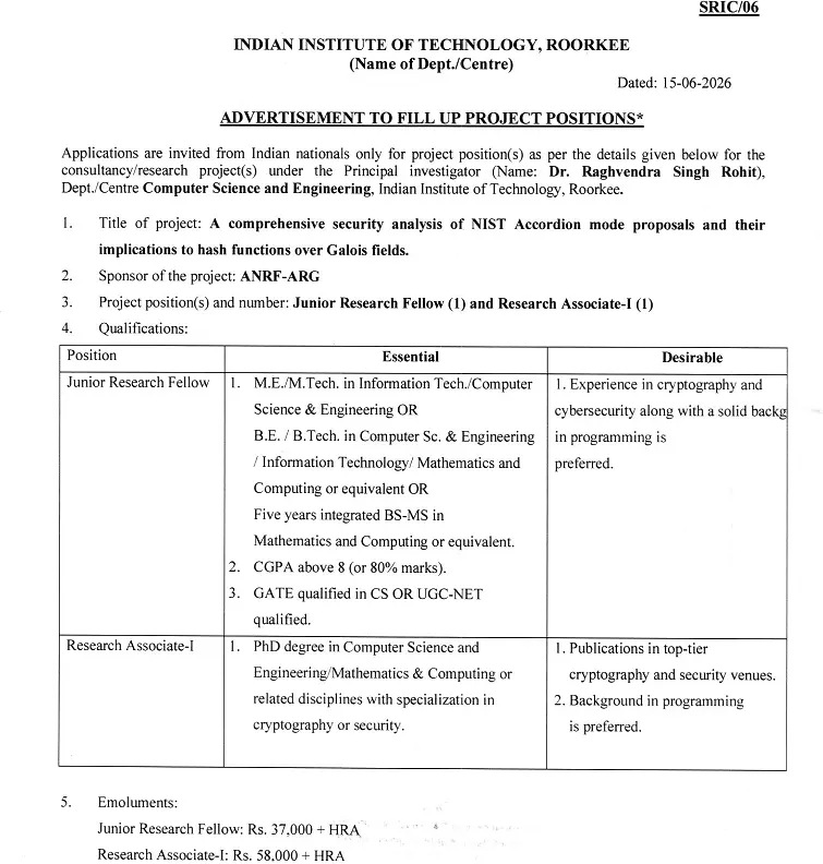 IIT Roorkee Recruitment 2026: Applications Invited for Junior Research Fellow (JRF) and Research Associate-I (RA-I)
