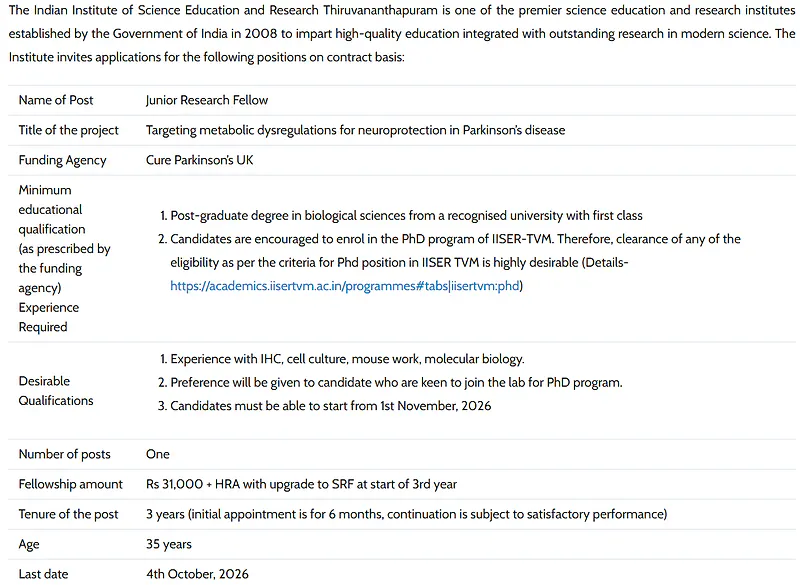 Junior Research Fellow (JRF) Recruitment 2026 at IISER Thiruvananthapuram – Parkinson’s Disease Neuroprotection Research Project