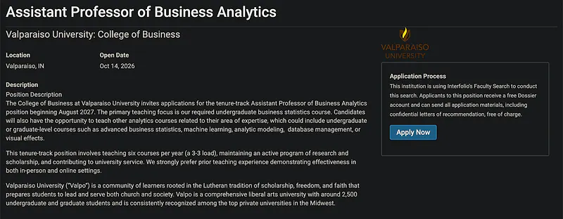 Faculty Opportunity: Assistant Professor of Business Analytics – Valparaiso University