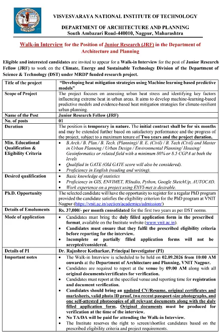  VNIT Nagpur JRF Recruitment 2026 – Walk-in Interview