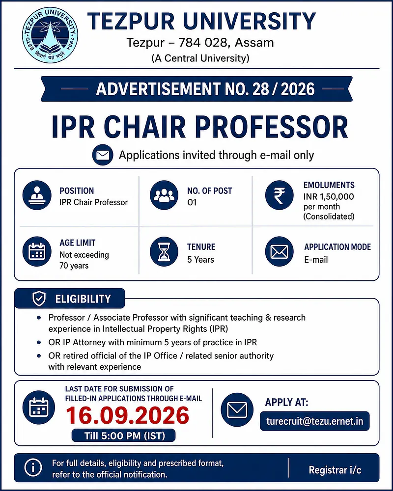 IPR Chair Professor Recruitment 2026 at Tezpur University – Advertisement No. 28/2026