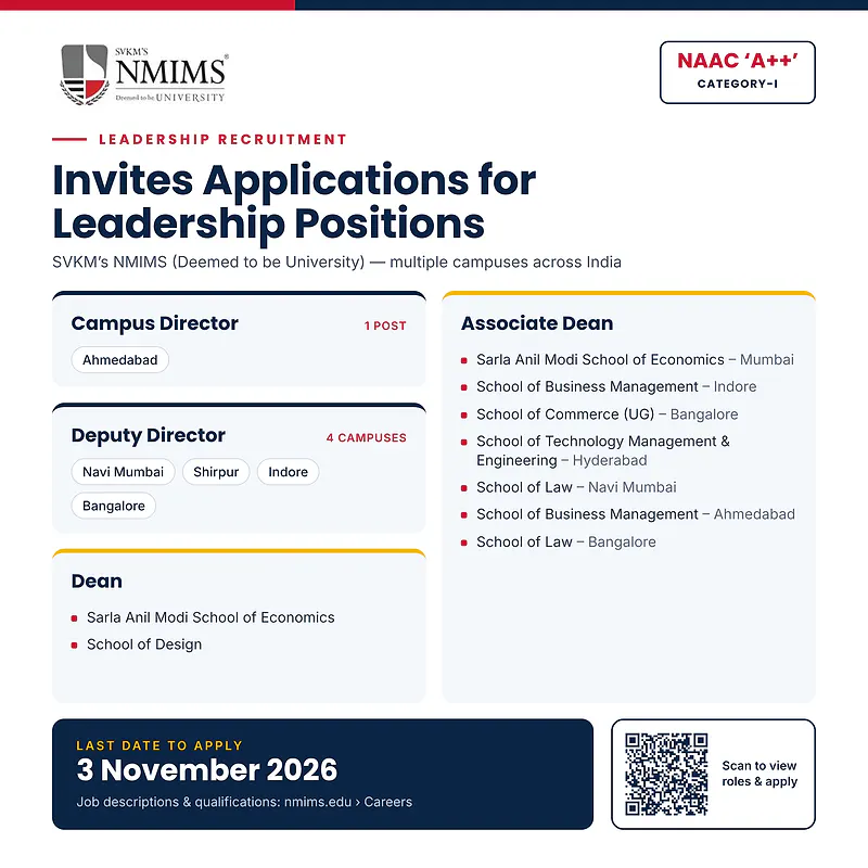 NMIMS Leadership Recruitment 2026 – Campus Director, Deputy Director, Dean and Associate Dean Positions