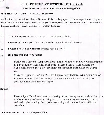 Project Associate Recruitment 2026 at IIT Roorkee – Electronics & Communication Engineering Department