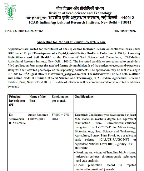 ICAR-IARI Recruitment 2026: Junior Research Fellow (JRF) Position Under DBT-Funded Project