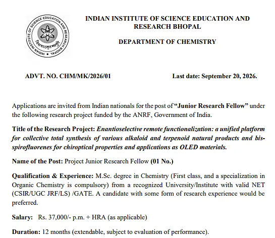 IISER Bhopal Junior Research Fellow (JRF) Recruitment 2026 – ANRF Project