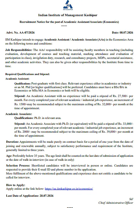 IIM Kashipur Recruitment 2026 | Academic Assistant / Academic Associate (Economics)