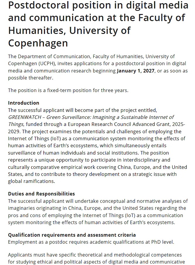 University of Copenhagen Recruitment 2026: Postdoctoral Position in Digital Media and Communication 