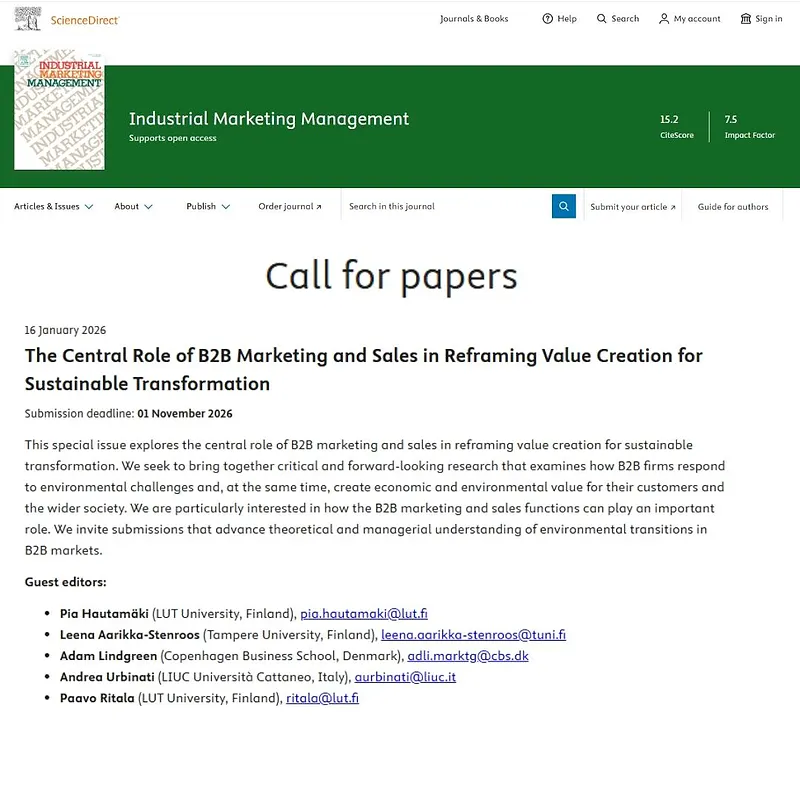 The Central Role of B2B Marketing and Sales in Reframing Value Creation for Sustainable Transformation
