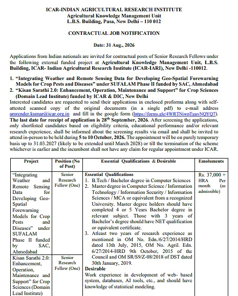 Senior Research Fellow Recruitment 2026 at ICAR-IARI New Delhi – 02 Contractual Positions