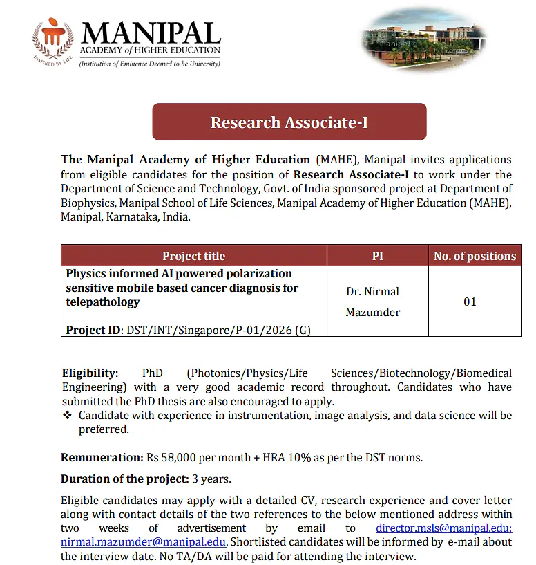  MAHE Recruitment 2026: Research Associate-I Vacancy