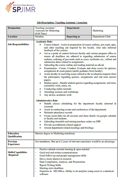 Teaching Assistant / Associate – Marketing Recruitment | SPJIMR Mumbai