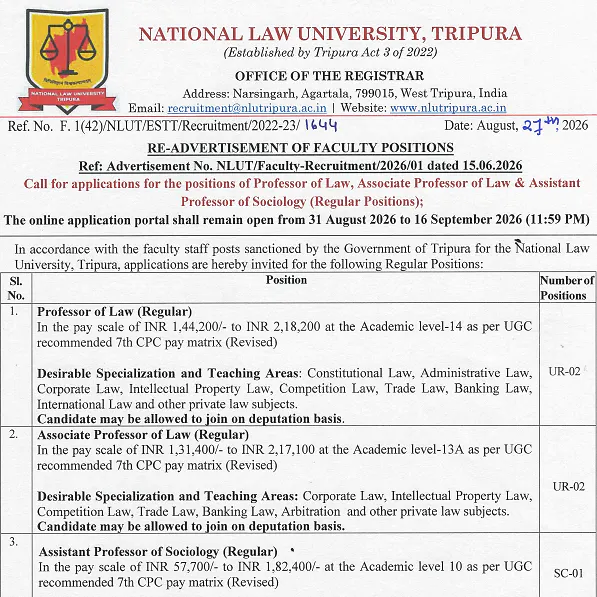 Faculty Recruitment 2026 at National Law University Tripura – Professor, Associate Professor & Assistant Professor Positions