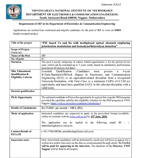 VNIT Nagpur JRF Recruitment 2026: ISRO Funded Project