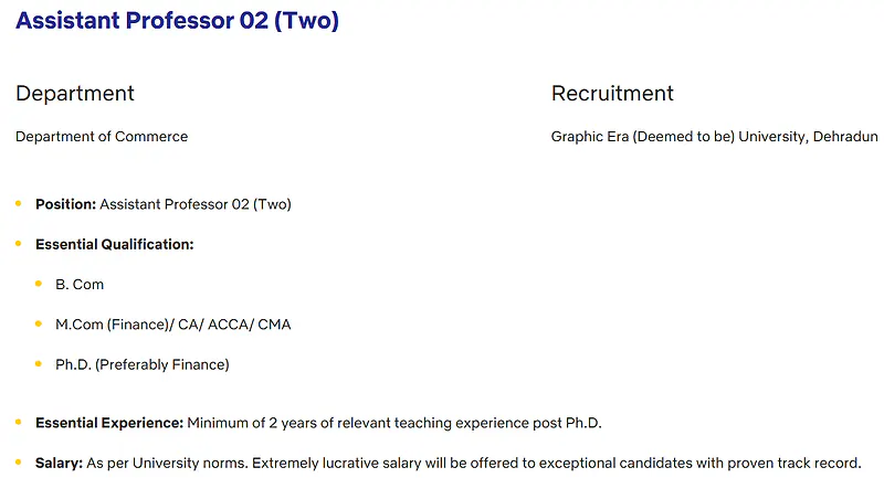 Assistant Professor Recruitment – Department of Commerce – Graphic Era (Deemed to be) University, Dehradun